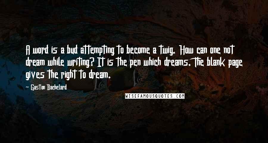 Gaston Bachelard Quotes: A word is a bud attempting to become a twig. How can one not dream while writing? It is the pen which dreams. The blank page gives the right to dream.