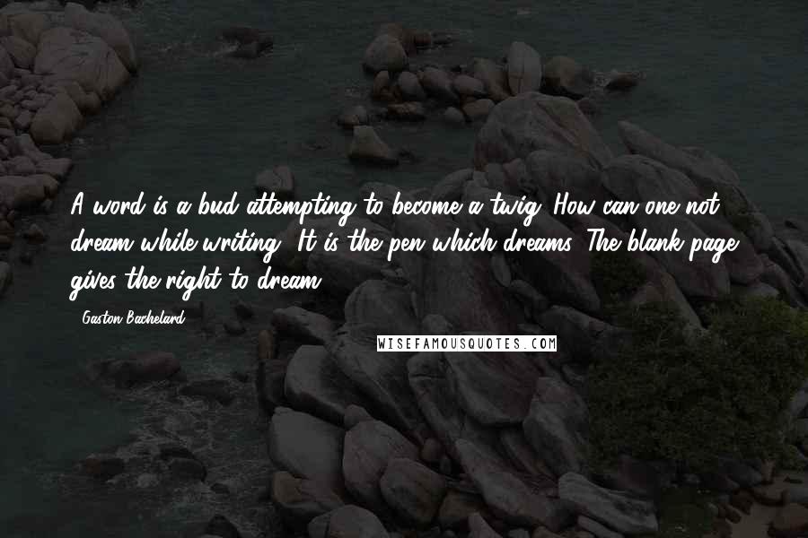 Gaston Bachelard Quotes: A word is a bud attempting to become a twig. How can one not dream while writing? It is the pen which dreams. The blank page gives the right to dream.