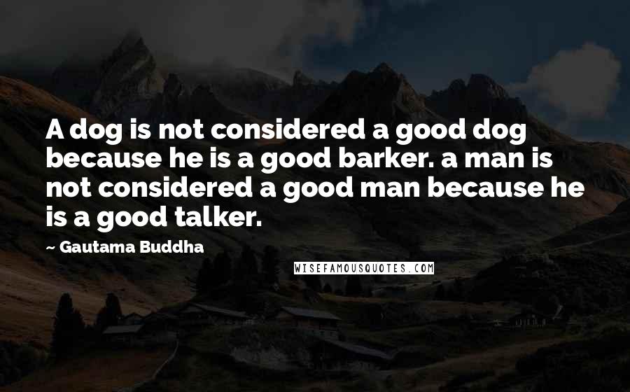 Gautama Buddha Quotes: A dog is not considered a good dog because he is a good barker. a man is not considered a good man because he is a good talker.