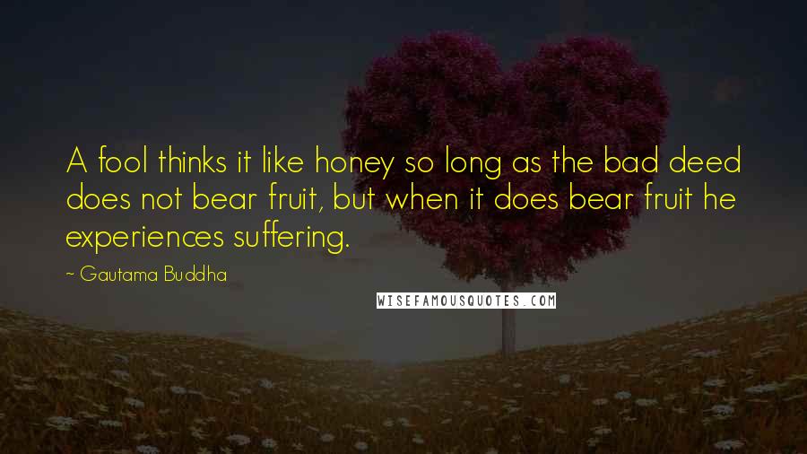 Gautama Buddha Quotes: A fool thinks it like honey so long as the bad deed does not bear fruit, but when it does bear fruit he experiences suffering.
