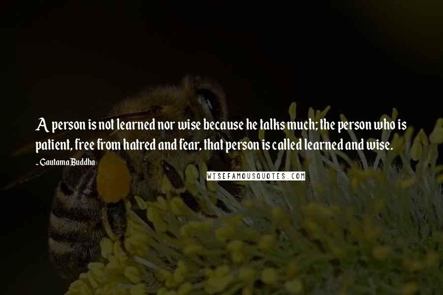 Gautama Buddha Quotes: A person is not learned nor wise because he talks much; the person who is patient, free from hatred and fear, that person is called learned and wise.