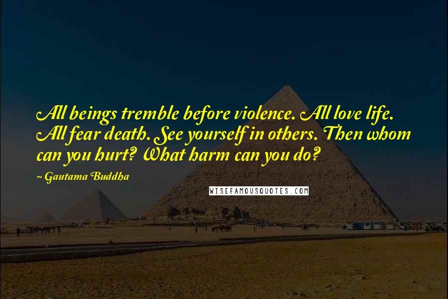 Gautama Buddha Quotes: All beings tremble before violence. All love life. All fear death. See yourself in others. Then whom can you hurt? What harm can you do?