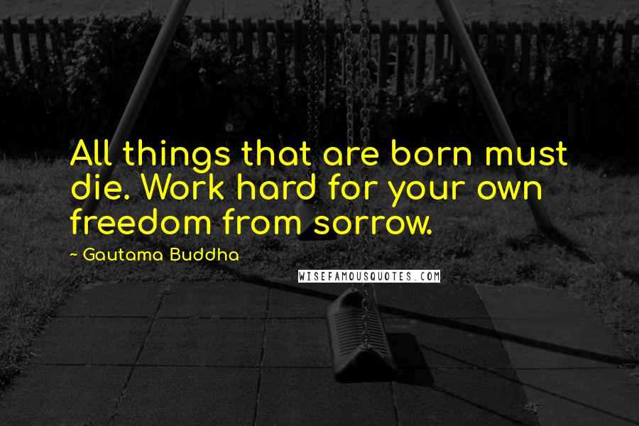 Gautama Buddha Quotes: All things that are born must die. Work hard for your own freedom from sorrow.