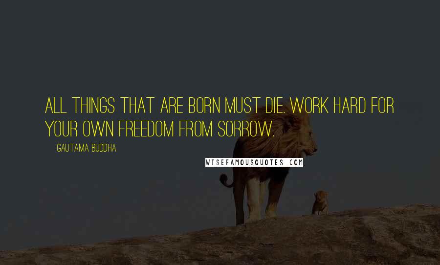Gautama Buddha Quotes: All things that are born must die. Work hard for your own freedom from sorrow.
