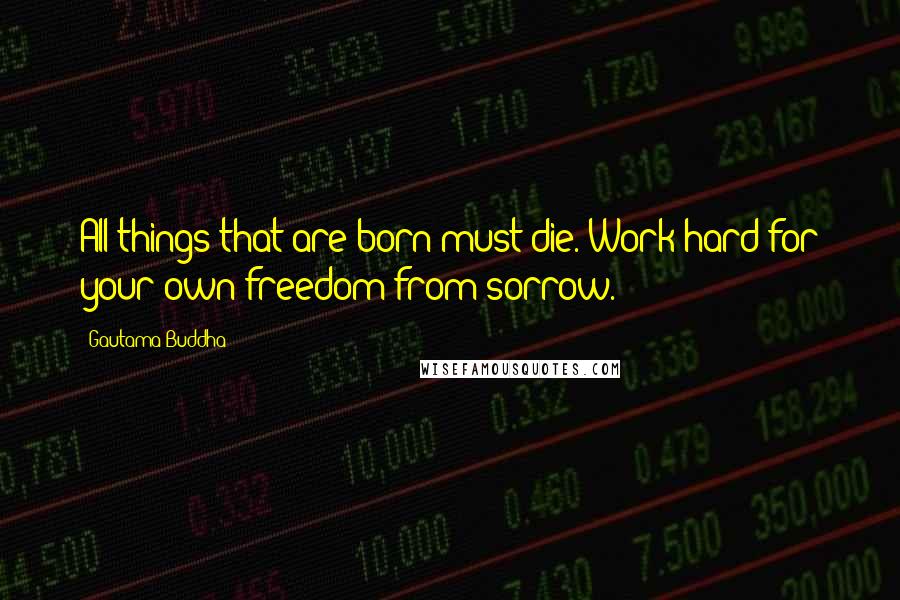 Gautama Buddha Quotes: All things that are born must die. Work hard for your own freedom from sorrow.