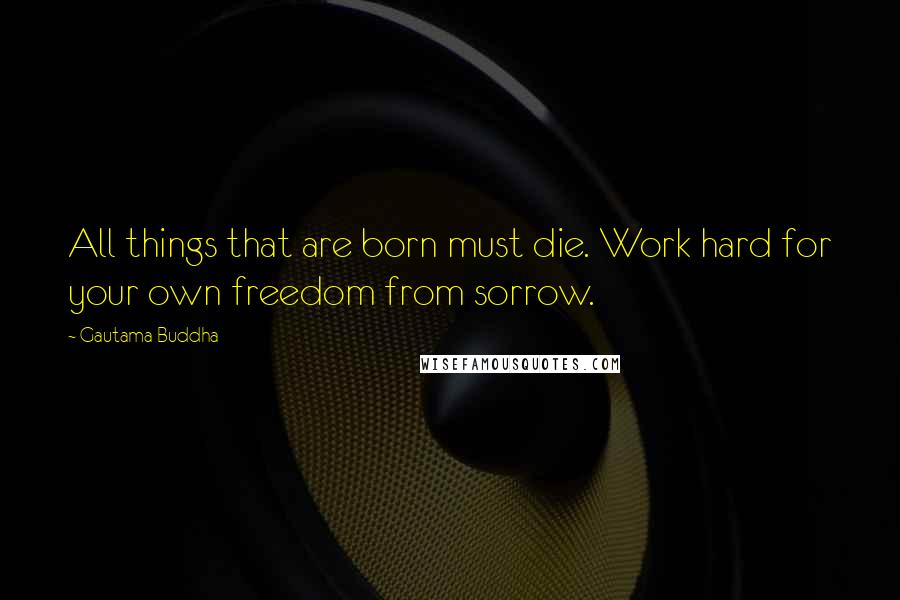 Gautama Buddha Quotes: All things that are born must die. Work hard for your own freedom from sorrow.