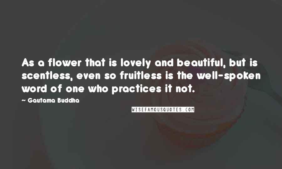 Gautama Buddha Quotes: As a flower that is lovely and beautiful, but is scentless, even so fruitless is the well-spoken word of one who practices it not.