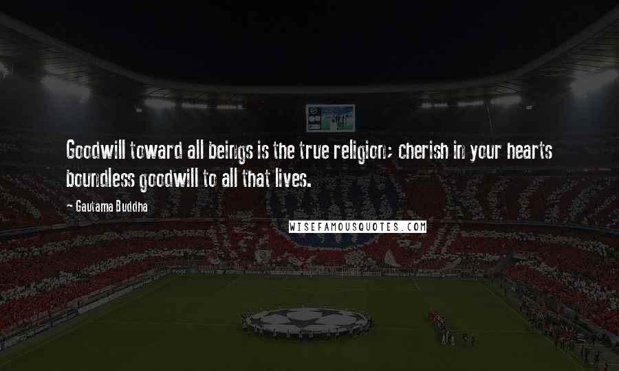 Gautama Buddha Quotes: Goodwill toward all beings is the true religion; cherish in your hearts boundless goodwill to all that lives.