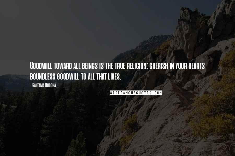Gautama Buddha Quotes: Goodwill toward all beings is the true religion; cherish in your hearts boundless goodwill to all that lives.