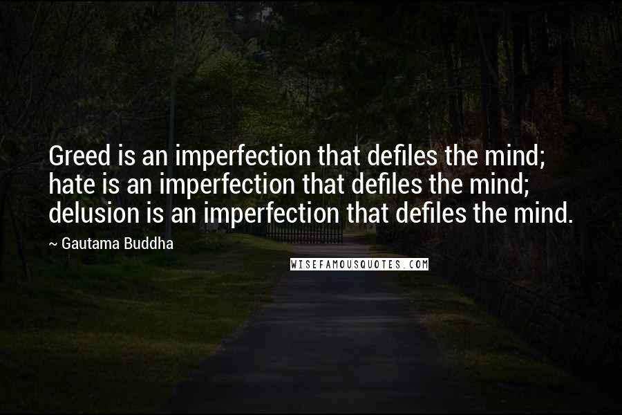 Gautama Buddha Quotes: Greed is an imperfection that defiles the mind; hate is an imperfection that defiles the mind; delusion is an imperfection that defiles the mind.