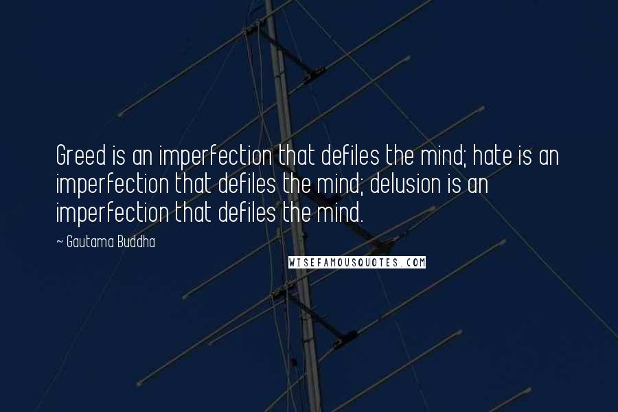 Gautama Buddha Quotes: Greed is an imperfection that defiles the mind; hate is an imperfection that defiles the mind; delusion is an imperfection that defiles the mind.