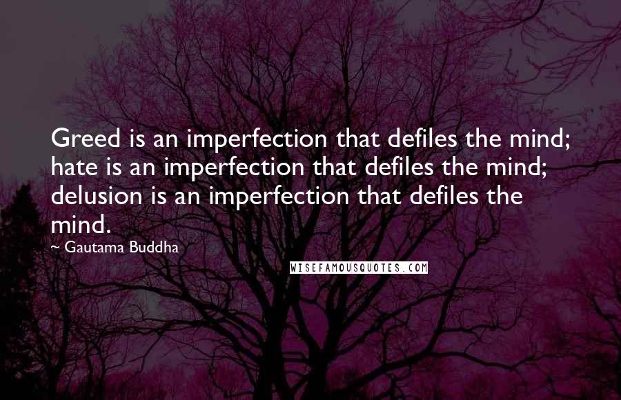 Gautama Buddha Quotes: Greed is an imperfection that defiles the mind; hate is an imperfection that defiles the mind; delusion is an imperfection that defiles the mind.