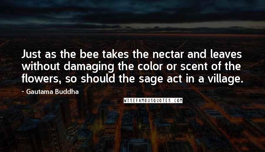 Gautama Buddha Quotes: Just as the bee takes the nectar and leaves without damaging the color or scent of the flowers, so should the sage act in a village.