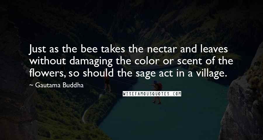 Gautama Buddha Quotes: Just as the bee takes the nectar and leaves without damaging the color or scent of the flowers, so should the sage act in a village.