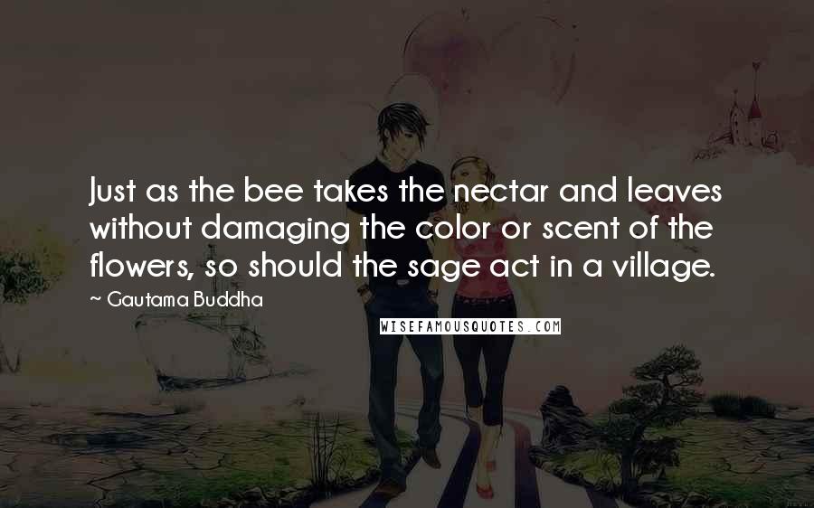 Gautama Buddha Quotes: Just as the bee takes the nectar and leaves without damaging the color or scent of the flowers, so should the sage act in a village.