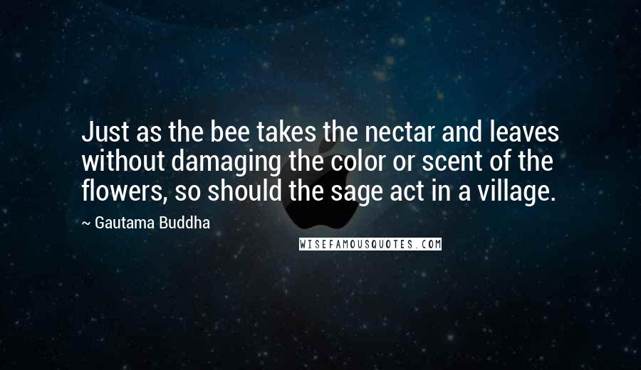 Gautama Buddha Quotes: Just as the bee takes the nectar and leaves without damaging the color or scent of the flowers, so should the sage act in a village.