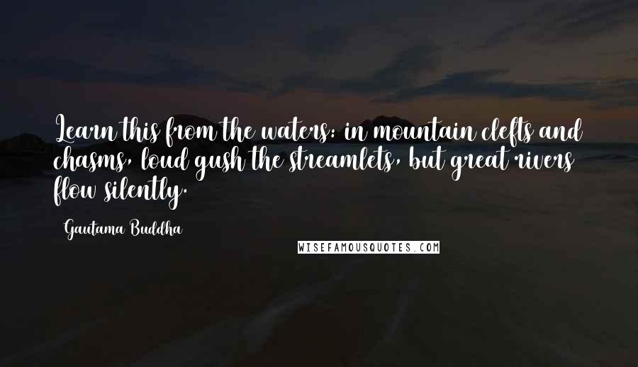 Gautama Buddha Quotes: Learn this from the waters: in mountain clefts and chasms, loud gush the streamlets, but great rivers flow silently.