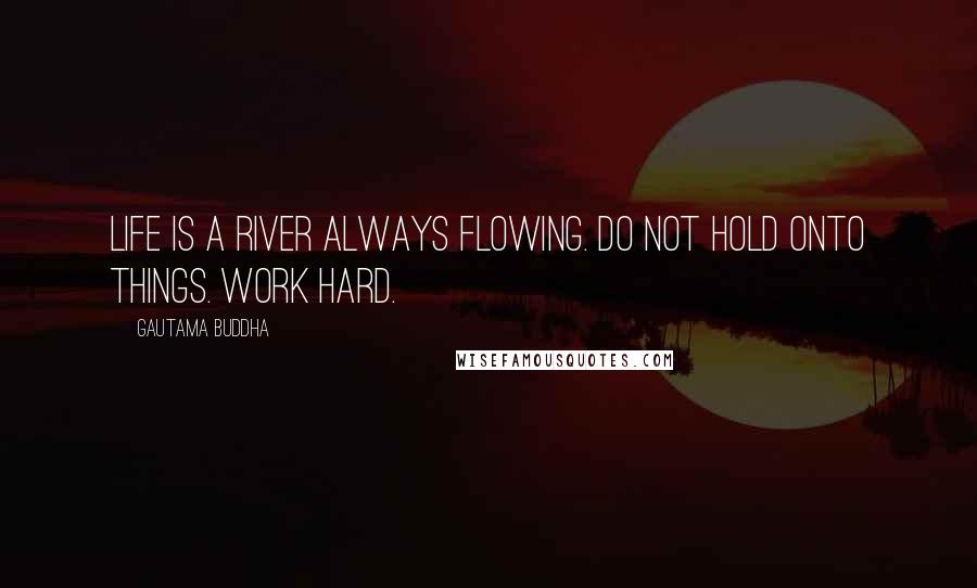 Gautama Buddha Quotes: Life is a river always flowing. do not hold onto things. work hard.