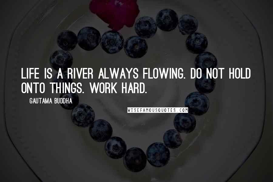 Gautama Buddha Quotes: Life is a river always flowing. do not hold onto things. work hard.