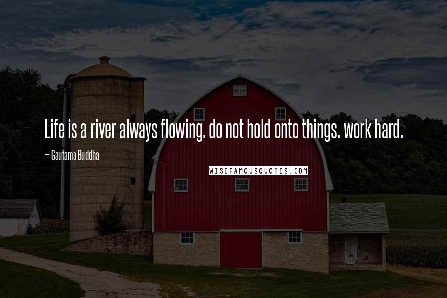 Gautama Buddha Quotes: Life is a river always flowing. do not hold onto things. work hard.