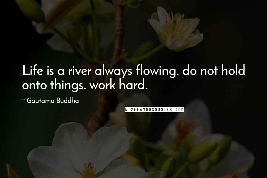 Gautama Buddha Quotes: Life is a river always flowing. do not hold onto things. work hard.
