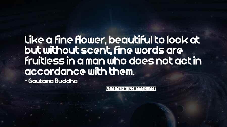 Gautama Buddha Quotes: Like a fine flower, beautiful to look at but without scent, fine words are fruitless in a man who does not act in accordance with them.