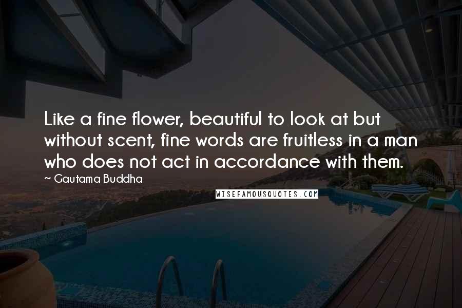 Gautama Buddha Quotes: Like a fine flower, beautiful to look at but without scent, fine words are fruitless in a man who does not act in accordance with them.