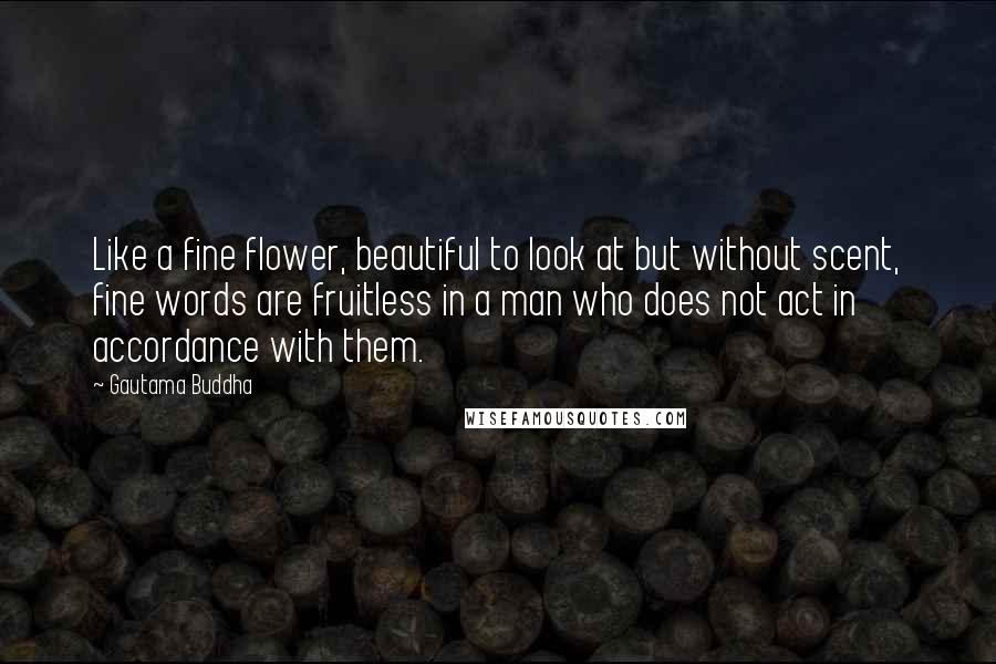 Gautama Buddha Quotes: Like a fine flower, beautiful to look at but without scent, fine words are fruitless in a man who does not act in accordance with them.