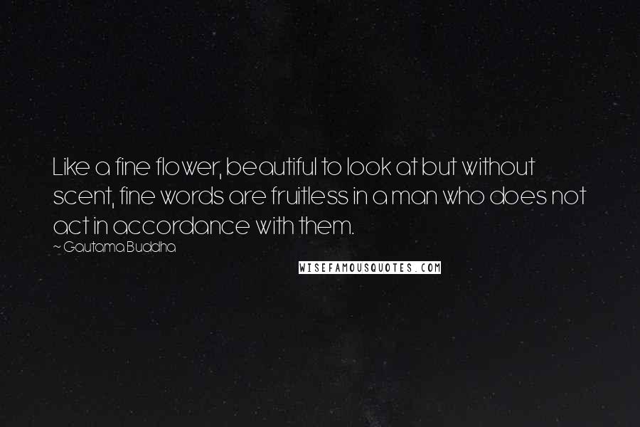 Gautama Buddha Quotes: Like a fine flower, beautiful to look at but without scent, fine words are fruitless in a man who does not act in accordance with them.