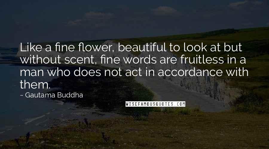 Gautama Buddha Quotes: Like a fine flower, beautiful to look at but without scent, fine words are fruitless in a man who does not act in accordance with them.