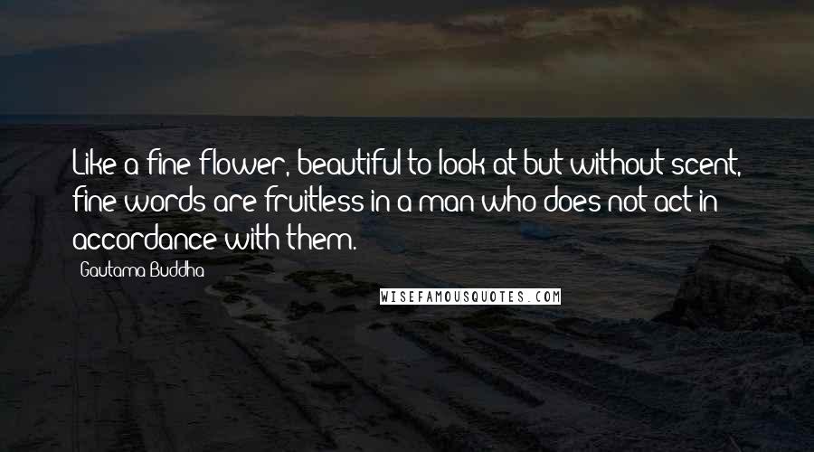 Gautama Buddha Quotes: Like a fine flower, beautiful to look at but without scent, fine words are fruitless in a man who does not act in accordance with them.