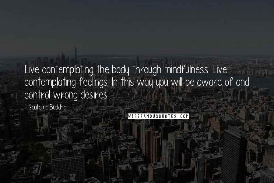 Gautama Buddha Quotes: Live contemplating the body through mindfulness. Live contemplating feelings. In this way you will be aware of and control wrong desires.