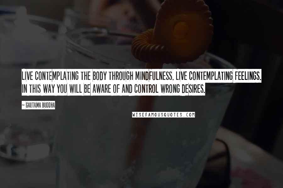 Gautama Buddha Quotes: Live contemplating the body through mindfulness. Live contemplating feelings. In this way you will be aware of and control wrong desires.