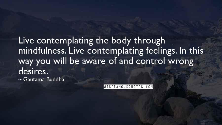 Gautama Buddha Quotes: Live contemplating the body through mindfulness. Live contemplating feelings. In this way you will be aware of and control wrong desires.