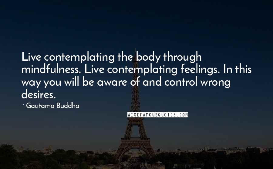 Gautama Buddha Quotes: Live contemplating the body through mindfulness. Live contemplating feelings. In this way you will be aware of and control wrong desires.