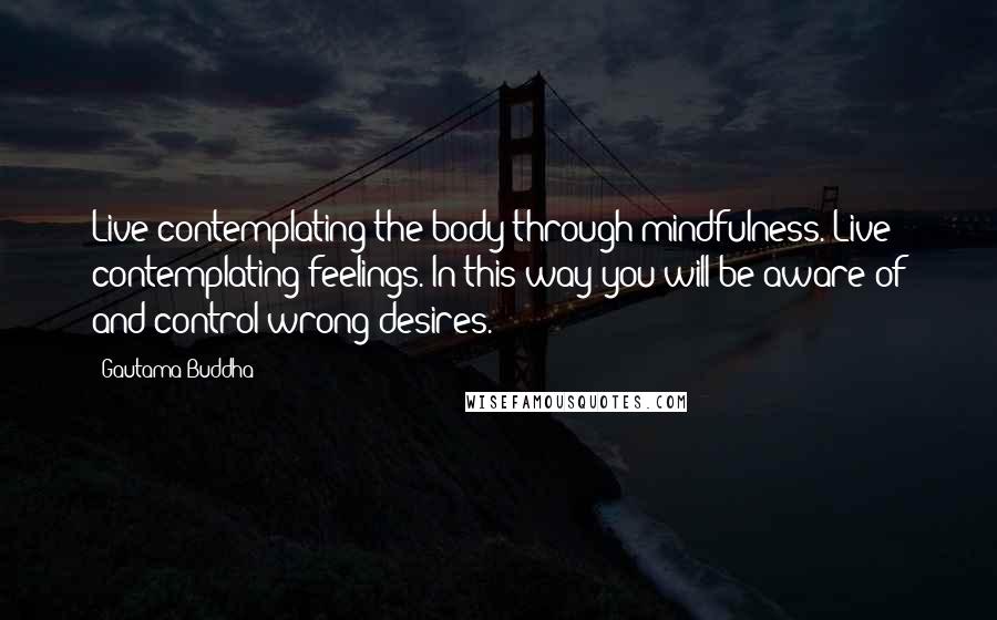 Gautama Buddha Quotes: Live contemplating the body through mindfulness. Live contemplating feelings. In this way you will be aware of and control wrong desires.