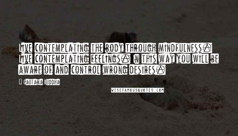 Gautama Buddha Quotes: Live contemplating the body through mindfulness. Live contemplating feelings. In this way you will be aware of and control wrong desires.