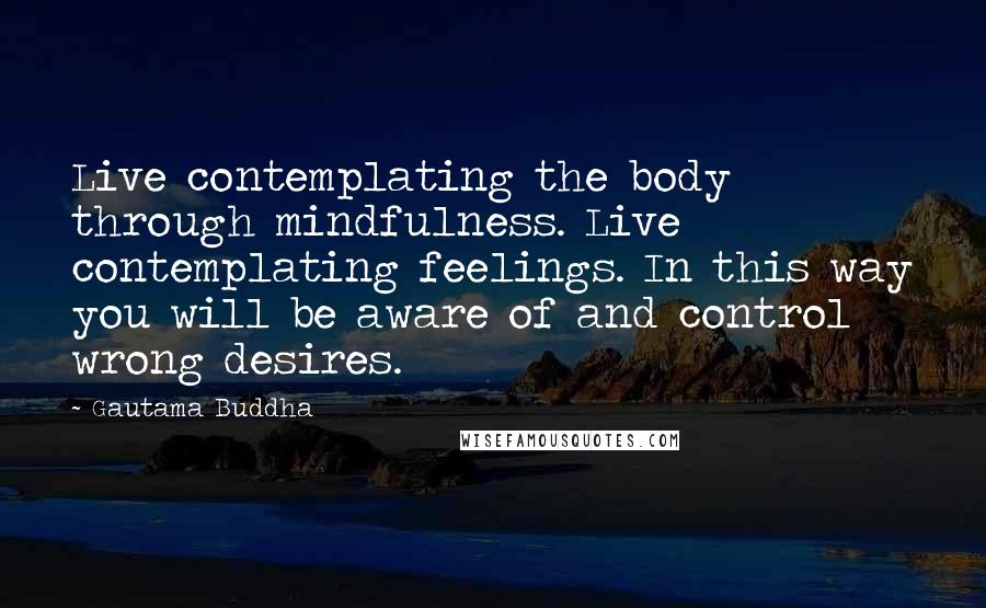 Gautama Buddha Quotes: Live contemplating the body through mindfulness. Live contemplating feelings. In this way you will be aware of and control wrong desires.