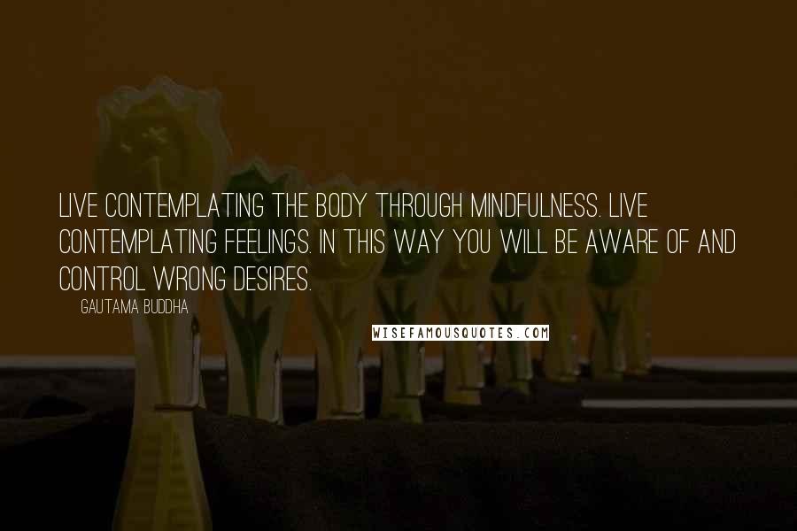 Gautama Buddha Quotes: Live contemplating the body through mindfulness. Live contemplating feelings. In this way you will be aware of and control wrong desires.