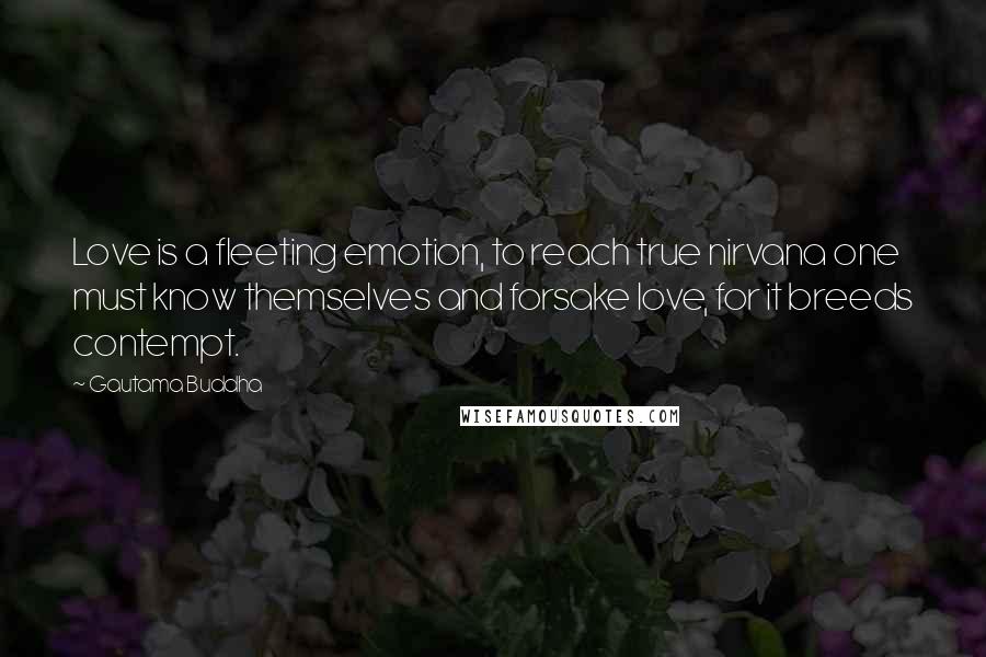 Gautama Buddha Quotes: Love is a fleeting emotion, to reach true nirvana one must know themselves and forsake love, for it breeds contempt.