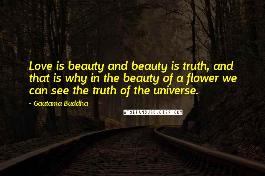 Gautama Buddha Quotes: Love is beauty and beauty is truth, and that is why in the beauty of a flower we can see the truth of the universe.