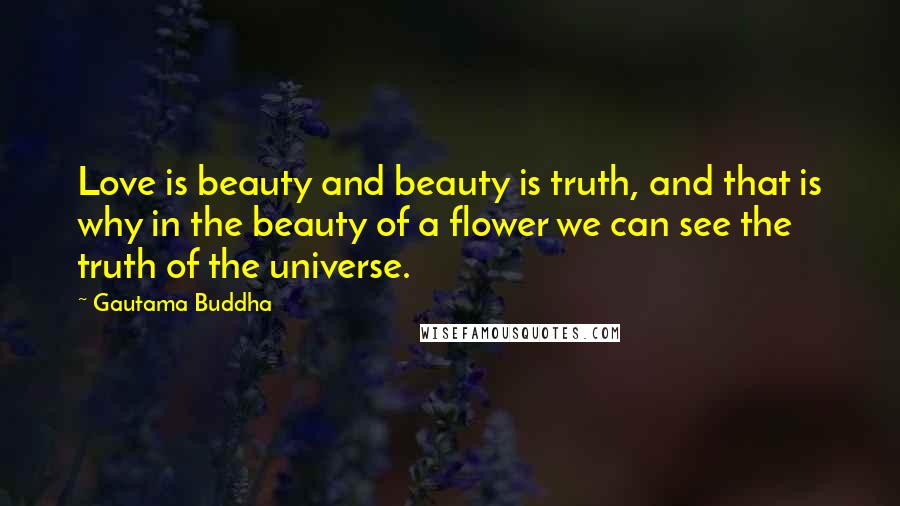 Gautama Buddha Quotes: Love is beauty and beauty is truth, and that is why in the beauty of a flower we can see the truth of the universe.