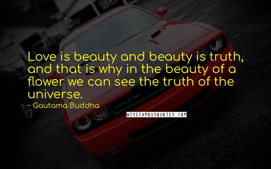 Gautama Buddha Quotes: Love is beauty and beauty is truth, and that is why in the beauty of a flower we can see the truth of the universe.