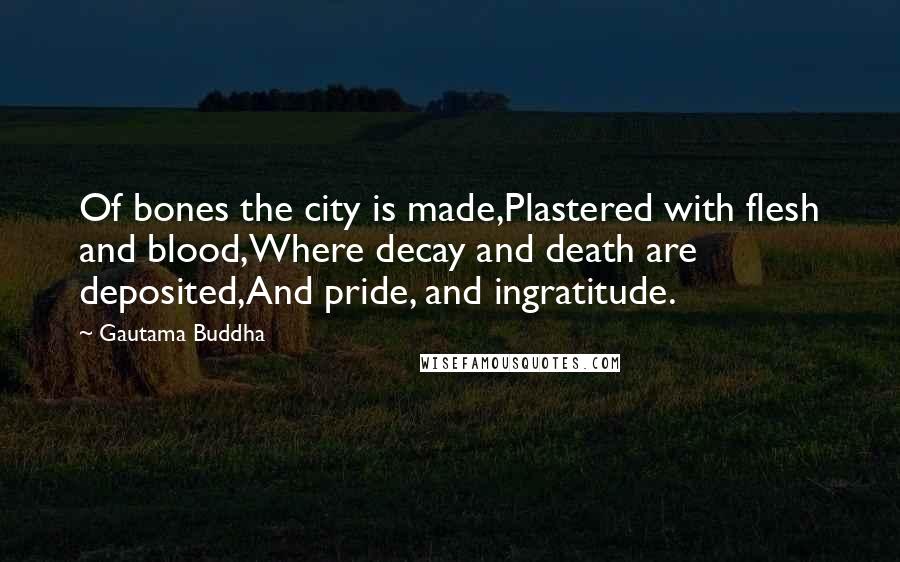 Gautama Buddha Quotes: Of bones the city is made,Plastered with flesh and blood,Where decay and death are deposited,And pride, and ingratitude.