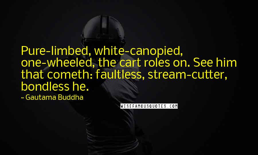 Gautama Buddha Quotes: Pure-limbed, white-canopied, one-wheeled, the cart roles on. See him that cometh: faultless, stream-cutter, bondless he.