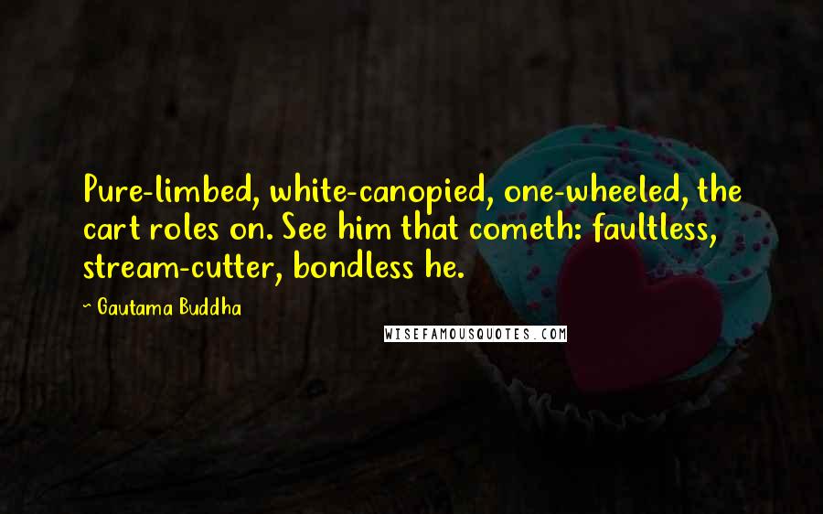 Gautama Buddha Quotes: Pure-limbed, white-canopied, one-wheeled, the cart roles on. See him that cometh: faultless, stream-cutter, bondless he.