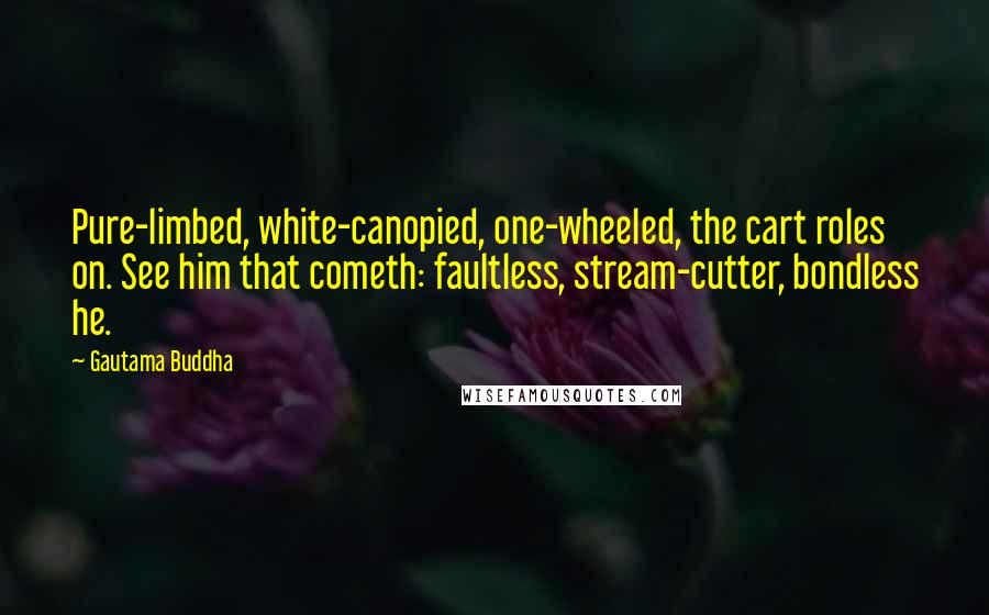 Gautama Buddha Quotes: Pure-limbed, white-canopied, one-wheeled, the cart roles on. See him that cometh: faultless, stream-cutter, bondless he.