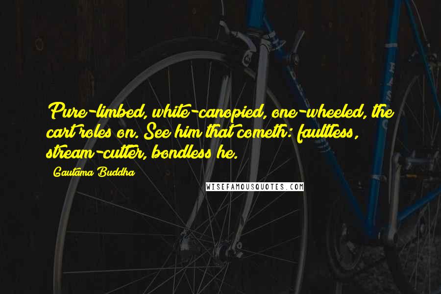 Gautama Buddha Quotes: Pure-limbed, white-canopied, one-wheeled, the cart roles on. See him that cometh: faultless, stream-cutter, bondless he.