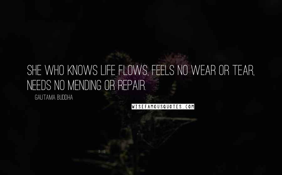 Gautama Buddha Quotes: She who knows life flows, feels no wear or tear, needs no mending or repair.