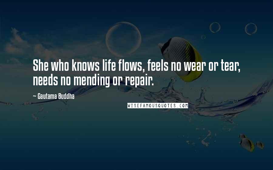 Gautama Buddha Quotes: She who knows life flows, feels no wear or tear, needs no mending or repair.